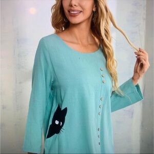 Teal Button-Down Cat Print Women's Top